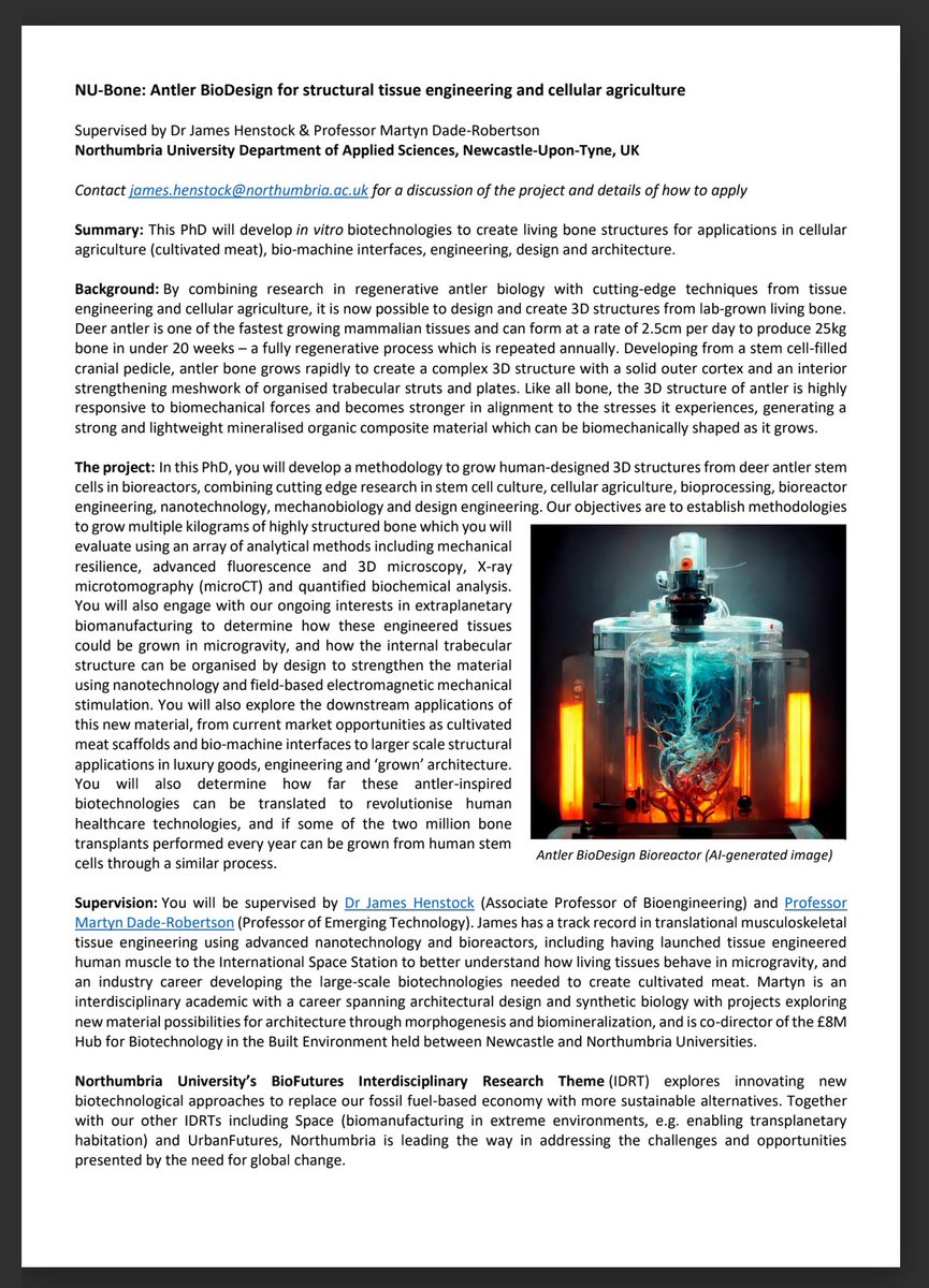 JHenstock's tweet image. Just one week left to apply! Fully funded PhD available (uk/home students only).
findaphd.com/phds/project/n…
#tissueengineering #phd #bone #cellularagriculture #cultivatedmeat #bioreactor #biology #engineering #bioengineering
