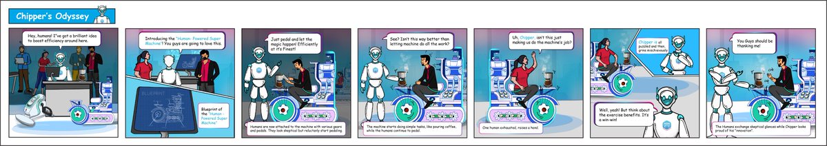 ChirpnAi's tweet image. Chipper&apos;s Odyssey is back with a quirky twist! 
In this second edition, Chipper, the eccentric AI, introduces the &apos;Human-Powered Super Machine&apos; to boost efficiency. 
#ChipperOdyssey #InnovationHumor #ComicStripFun #AIAdventures