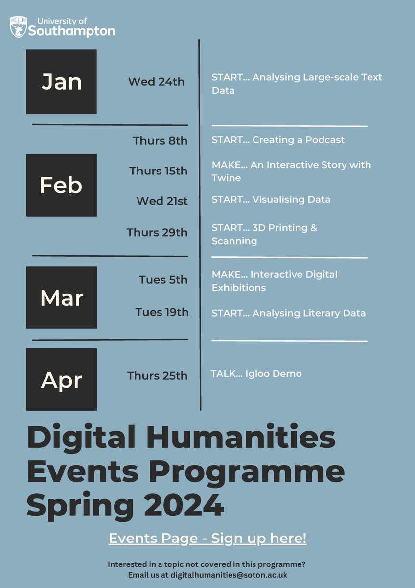 Want to learn more about digital humanities? Looking for new ways to approach your research? Curious about the facilities available in our Digital Humanities Hub? Check out the <a href="/sotonDH/">Southampton Digital Humanities</a> Spring Events programme!

More information &amp; sign up details here 👉 eventbrite.co.uk/o/southampton-…