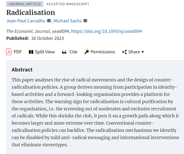 EJ_RES's tweet photo. Recently accepted at EJ: ‘Radicalisation’ by Jean-Paul Carvalho, Michael Sacks https://t.co/iWm9aGauy7 @MSacksEcon @RoyalEconSoc @OUPEconomics #EconTwitter https://t.co/irtLJkJ8Kc