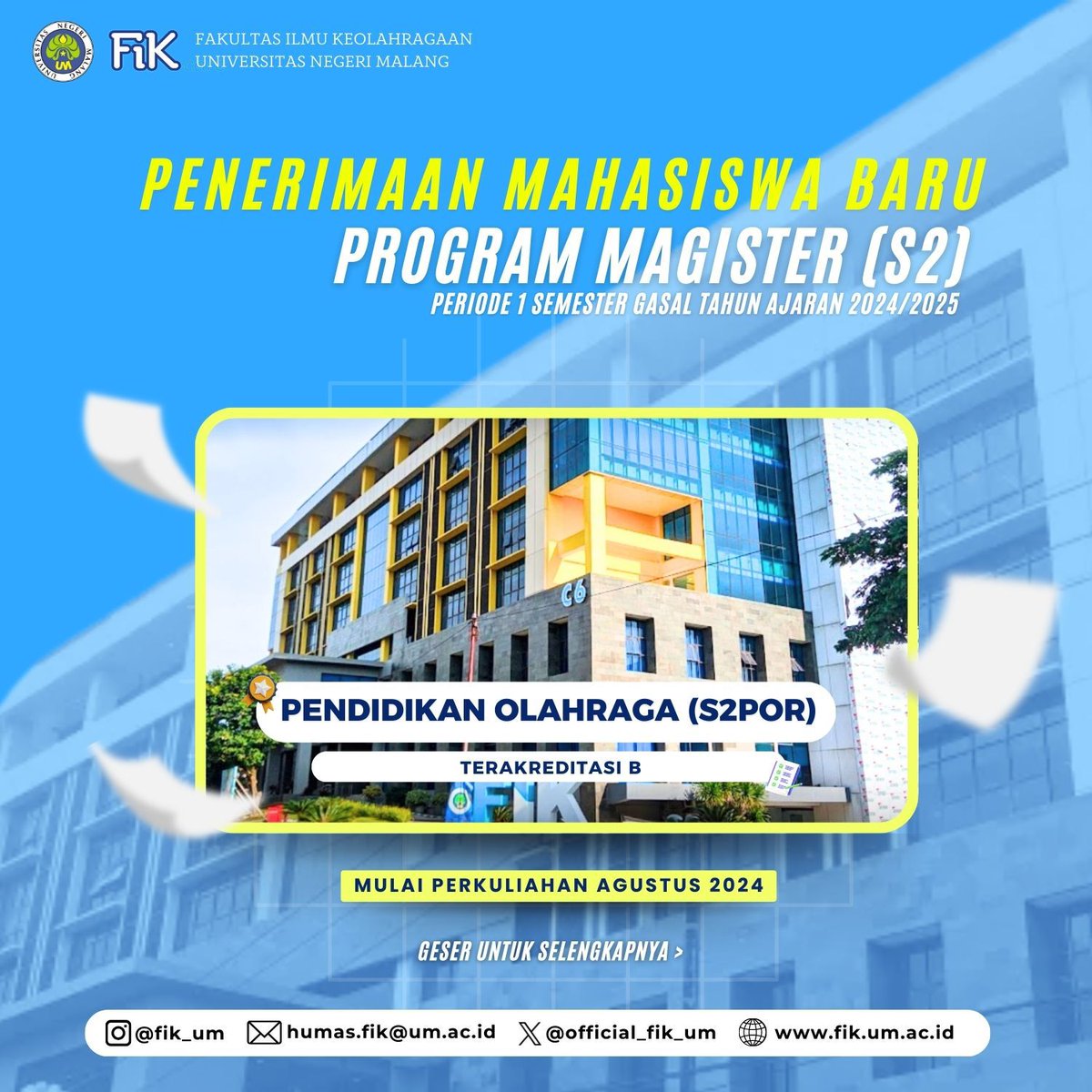 official_fik_um's tweet photo. [PENERIMAAN MAHASISWA BARU S2POR]

Seleksi Penerimaan Mahasiswa Baru Program Magister (S2) Pendidikan Olahraga resmi dibuka ❗

Informasi selengkapnya kunjungi https://t.co/tjPJeb1L7B atau hubungi kontak tertera.

------

Humas Fakultas Ilmu Keolahragaan
Universitas Negeri Malang https://t.co/DcjaSZylOZ