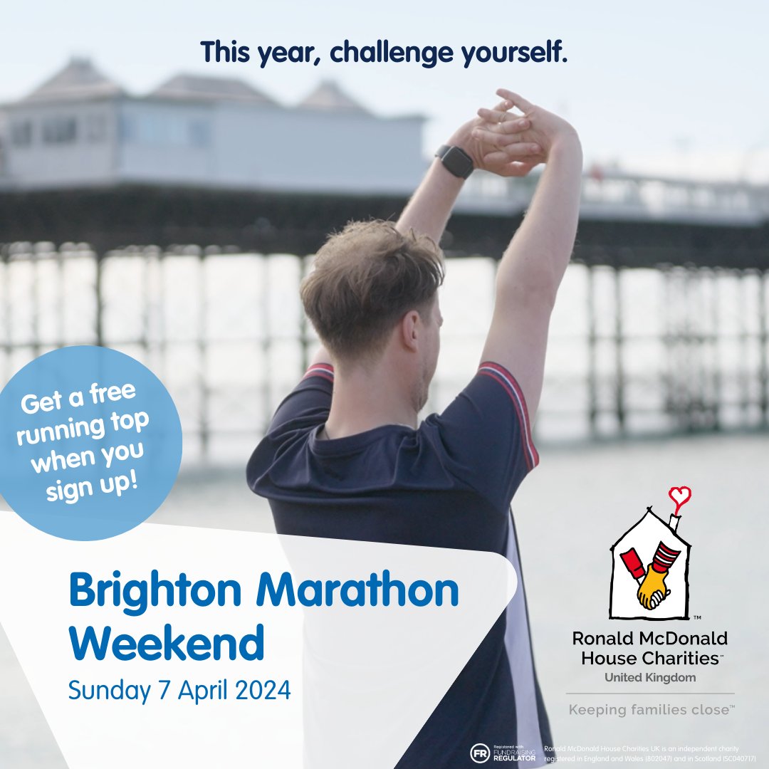 Are you ready to challenge yourself this year and take on a #marathon course that's fast, flat, and friendly? 🏃 Join #TeamRMHCUK for this year's @BrightonMarathn to help keep families close. ❤️ 📆 Sunday 7 April 2024 📋 Sign up at: rmhc.org.uk/event/brighton… #Brightonmarathon