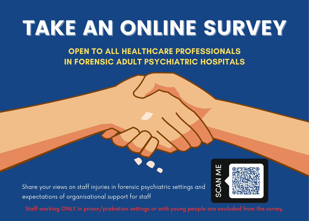 Are you a healthcare professional working in a forensic psychiatric adult inpatient hospital in the United Kingdom?
Participants in this study will complete an online survey for 15 minutes. To find out more, please click the link: t.ly/AXnAq
Thank you.