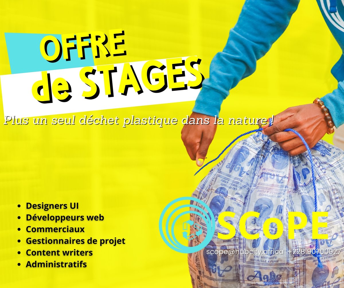 SCoPE recrute !
Opportunités de stages :Designers UI, commerciaux, gestionnaires de projet, content writers, développeurs web et administratifs 
Femmes vivement souhaitées. Envoyer votre CV+lettre de motivation à scope@hubcity.africa. 90700027