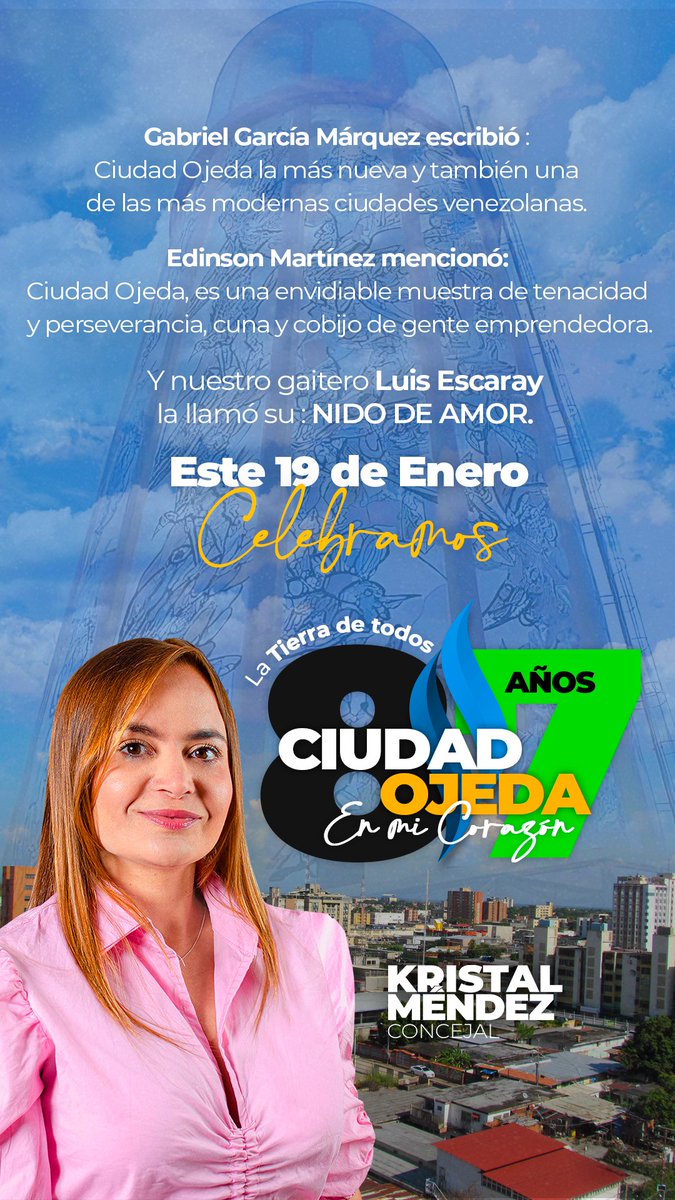Felices 87 años mi amada Ciudad Ojeda, como no amarte si aquí nací y crecí, has sido cuna de imigrantes, de talentos, bellezas y riquezas y el valor mas importante nuestra gente solidaria, hospitalaria, jocosa y sobre todo humilde y llenas de amor
