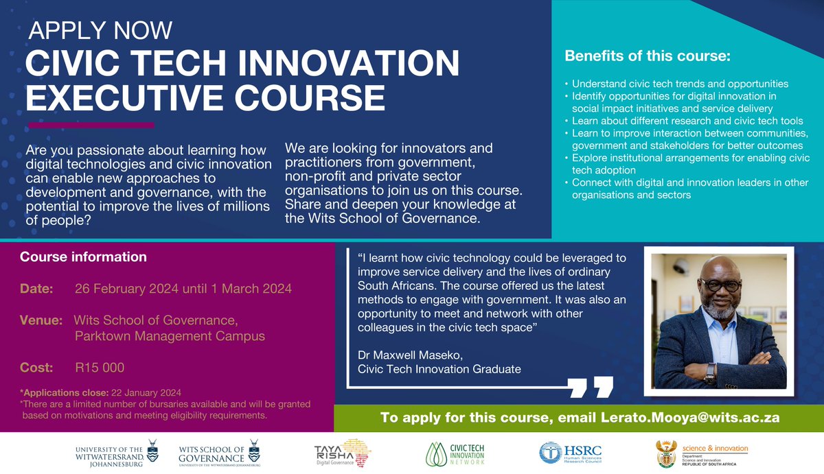 The <a href="/Wits_WSG/">Wits School of Gov</a> is looking for innovators and practitioners from government, non-profit, and private sector organisations to join them for their civic tech innovation executive course

More information: lnkd.in/d9YBAkBT