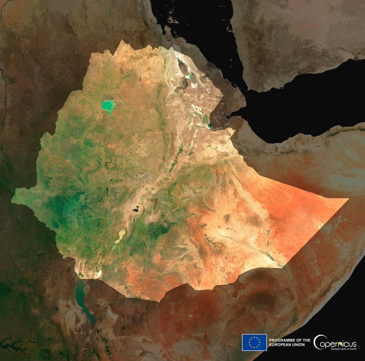 For Timkat/Epiphany, a gift to Ethiopians from the EU Earth Observation Programme #Copernicus 🇪🇺🛰️. Map of Ethiopia 🇪🇹 seen from up there by EU #Sentinel2 satellite, a world leading provider of Earth observation data. @EUinEthiopia #Ethiopia