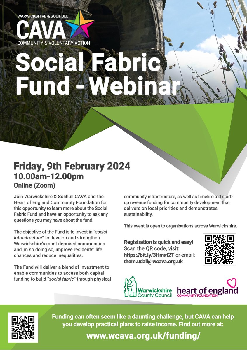 Social Fabric Fund - Webinar

🗓️Friday, 9th February 2024
🕙10.00am-12.00pm
📍Online (Zoom)

Join CAVA and the <a href="/HoECF/">Heart of England Community Foundation</a> for this opportunity to learn more about the Social Fabric Fund.

➡️ bit.ly/3SoDCle