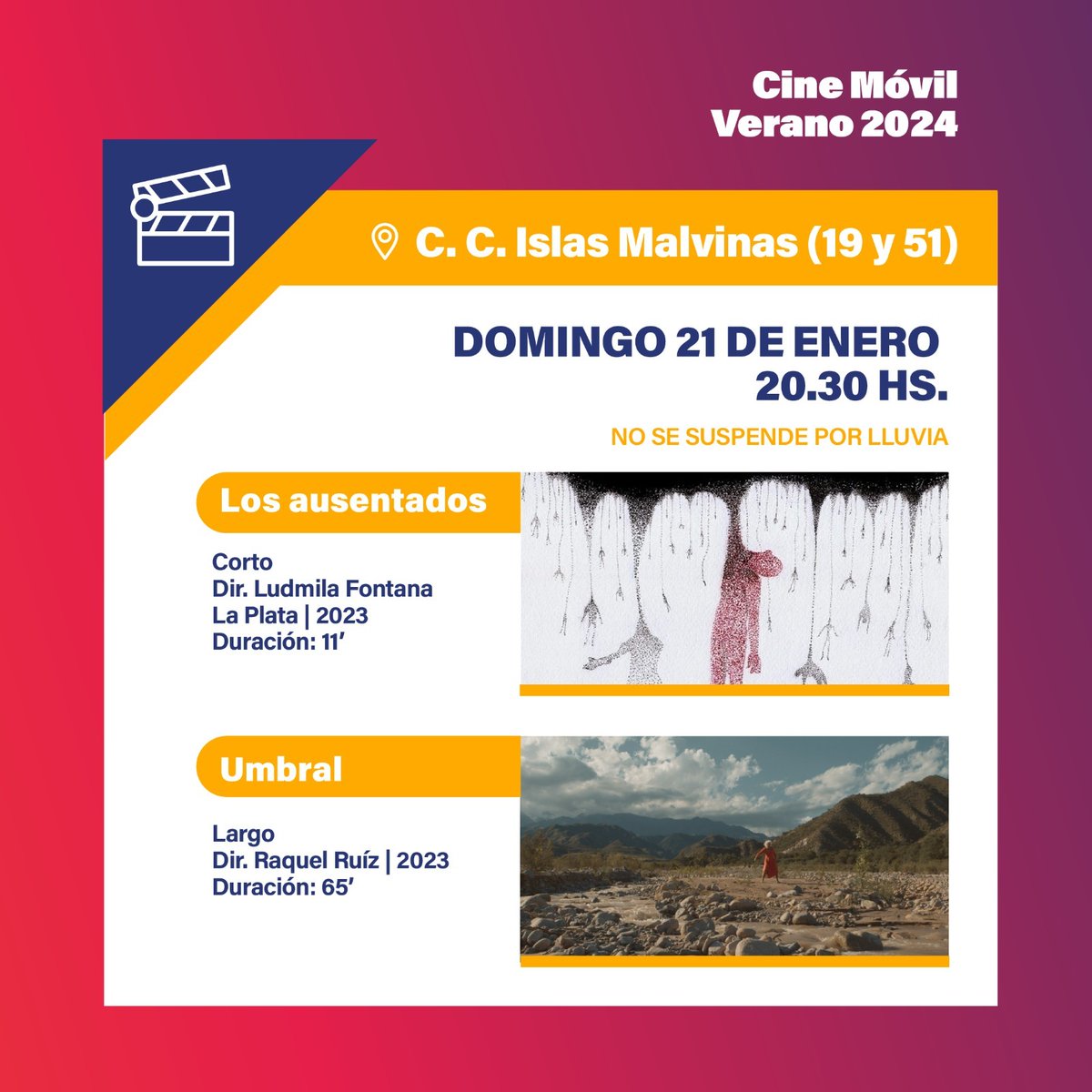 🔜 ¡El Cine Móvil no para!

🎬 Este fin de semana te seguimos presentando las mejores proyecciones locales y nacionales, siempre con entrada libre y gratuita.

✅ Agendá!

👉🏻  Viernes 19 en Meridiano V.

👉🏻 Domingo 21 en el CC. Islas Malvinas.

🕑 Funciones a partir de las 20.30h