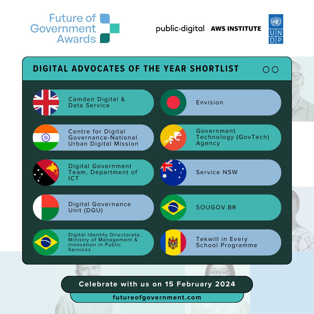 🔔 Announcing the #FutureofGovernment Awards shortlist!

This year, we received a record number of nominations across 4⃣ categories!

Check out the teams shortlisted for the Digital Advocates Award below, and don’t miss out on the celebration next month: docs.google.com/forms/d/e/1FAI…