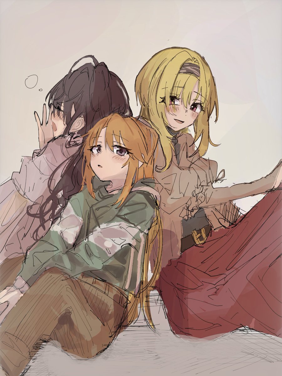yuuki haru multiple girls 3girls blonde hair long hair orange hair sitting hairband  illustration images