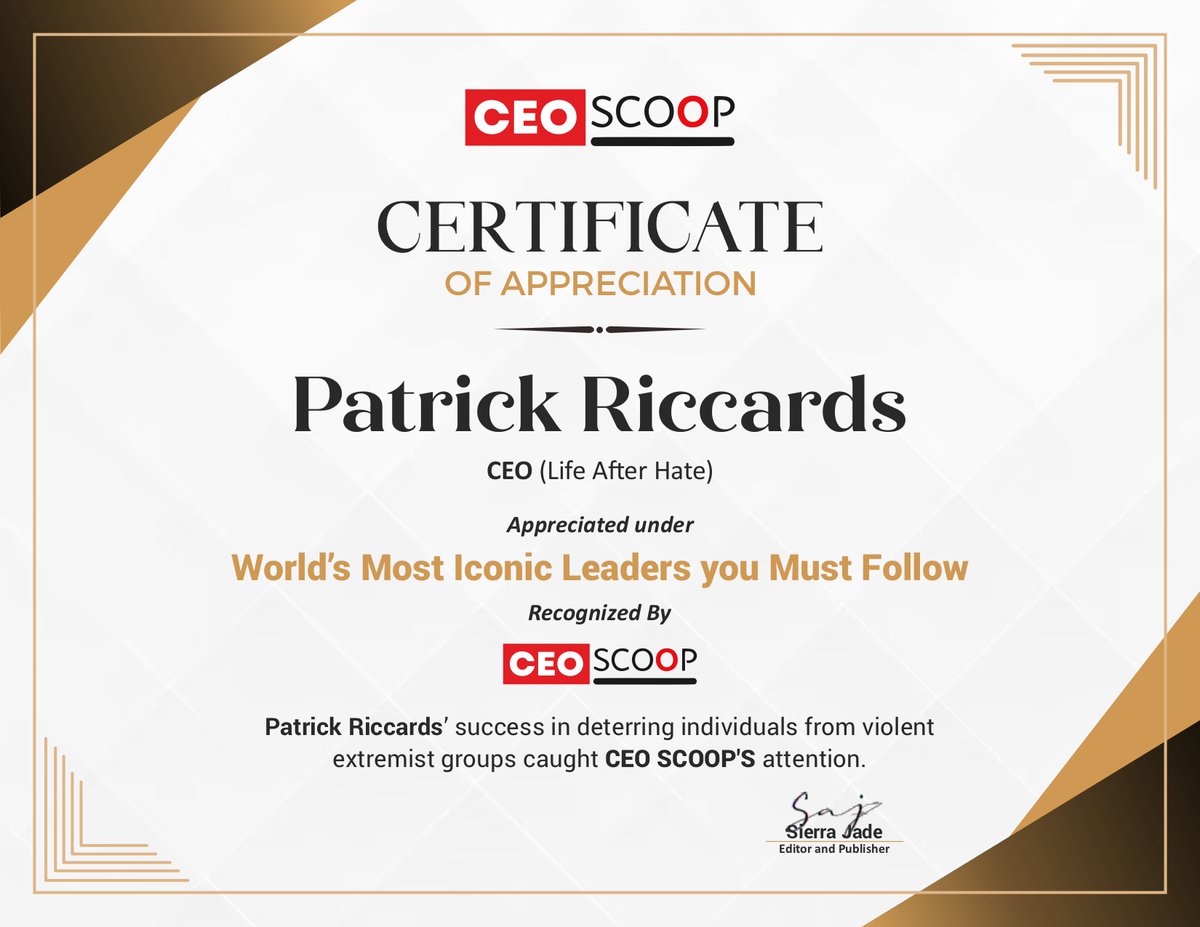 officalCEOScoop's tweet photo. @Eduflack (CEO, Life After Hate) exceptional success in deterring individuals from violent extremist groups has earned him recognition under the prestigious edition of 'Most Futuristic Leaders Making A Difference.'
https://t.co/wSyUhCn2YG

#FuturisticLeaders #lifeafterhate https://t.co/b0cmShFD4F