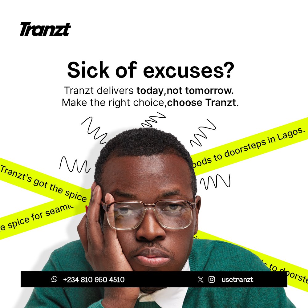 We don’t give excuses. We deliver today, not tomorrow!

Avoid stories that touch and use Tranzt to get your products delivered today. 

Call us on +234 810 950 4510 to get started. 

#lagoslogistics  #swiftdelivery