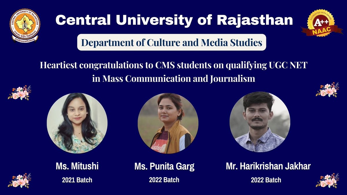 cms_curaj's tweet photo. Heartiest congratulations to our dear students Ms. Mitushi, Ms. Punita Garg and Mr. Harikrishan Jakhar on qualifying UGC NET exam in Mass Communication and Journalism. The Department is proud of you. 👏👏👏💐💐💐

#curaj #UGCNET https://t.co/xe6z1jzPoB
