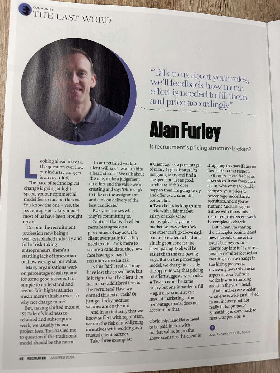 Recruitment's broken 💔, starting with how we handle fees.

Stuck in a percentage-of-salary rut, are we following an outdated norm without question? 🤔 

An irrelevant model.

Time for change? What's your take?

My latest column in Recruiter Magazine 👉
recruiter.co.uk/opinion/2024/0…