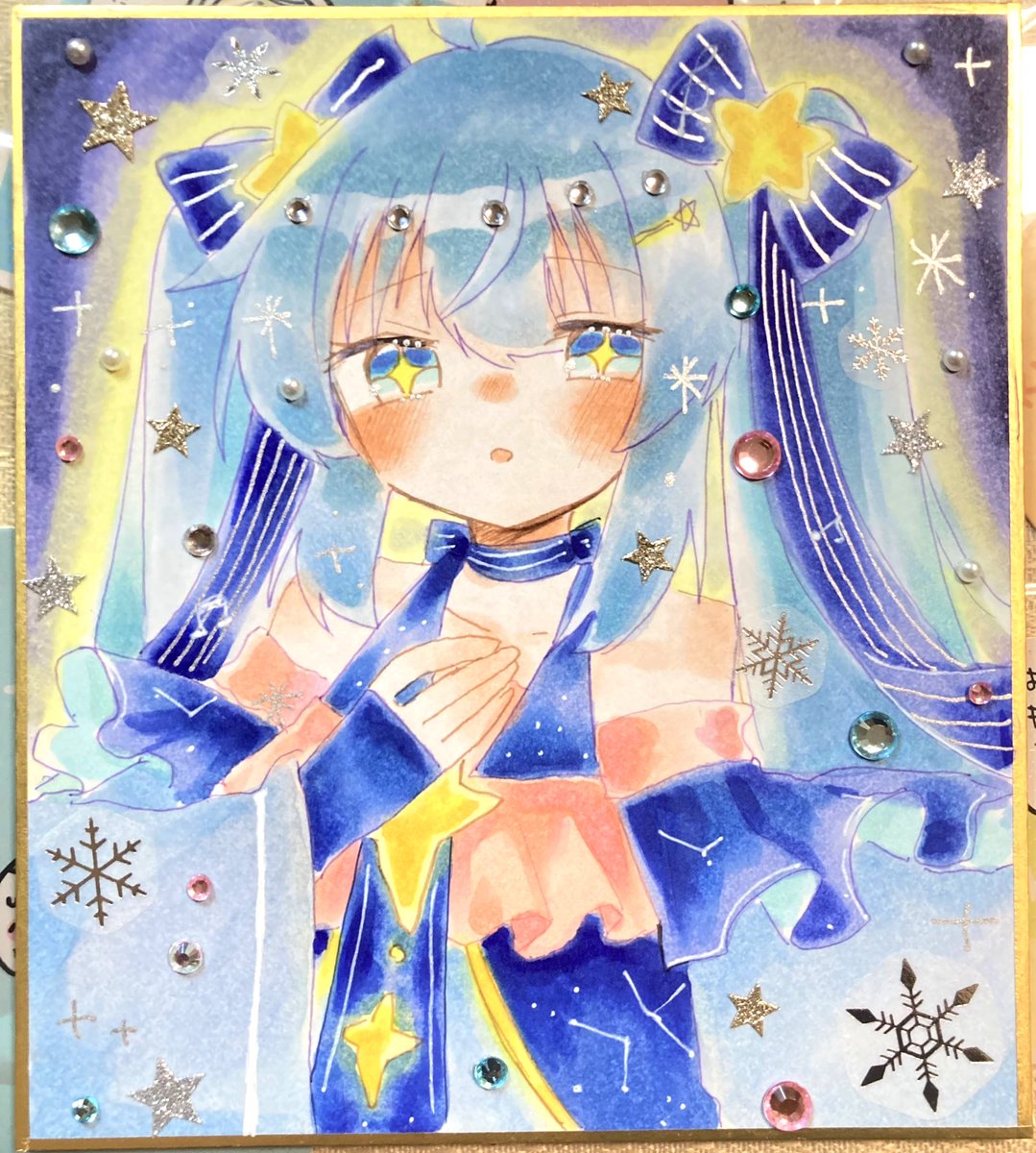 hatsune miku ,yuki miku 1girl solo star (symbol) traditional media blue eyes twintails long hair  illustration images