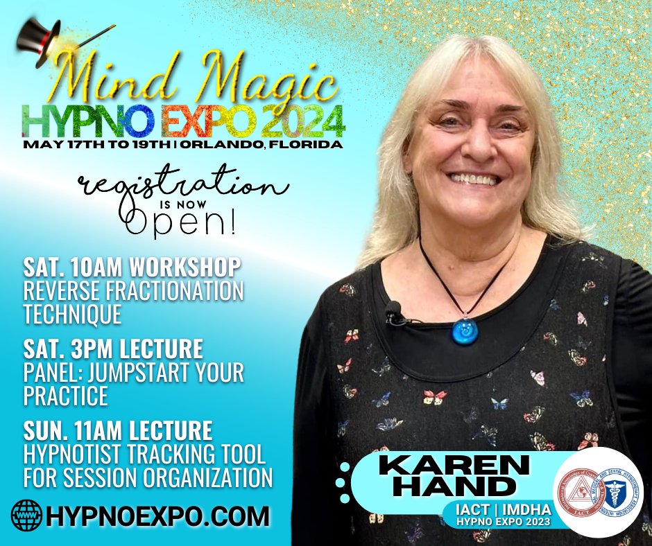 IACTNews's tweet photo. Hypno Expo presenter Karen Hand is inviting you to join her in sunny Orlando May 17th-19th.

Register BEFORE April 22nd  to receive a substantial discount. Here is the link for more information and to register https://t.co/uogjXD85OZ https://t.co/5pwFIIOJZc