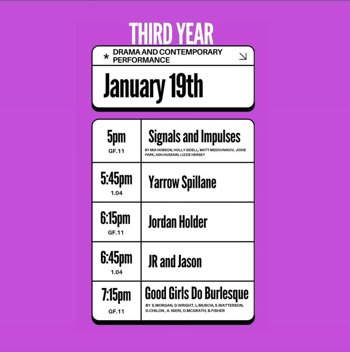 Today is the second round of Third year Project 3b Performances! Good luck to all groups performing tonight @mcrschart. Signals and Impulses (5pm), Yarrow Spillane (5.45pm), JR and Jason (6.45pm) and Good Girls Do Burlesque (7.15pm). Well done to all our third year DCP students.