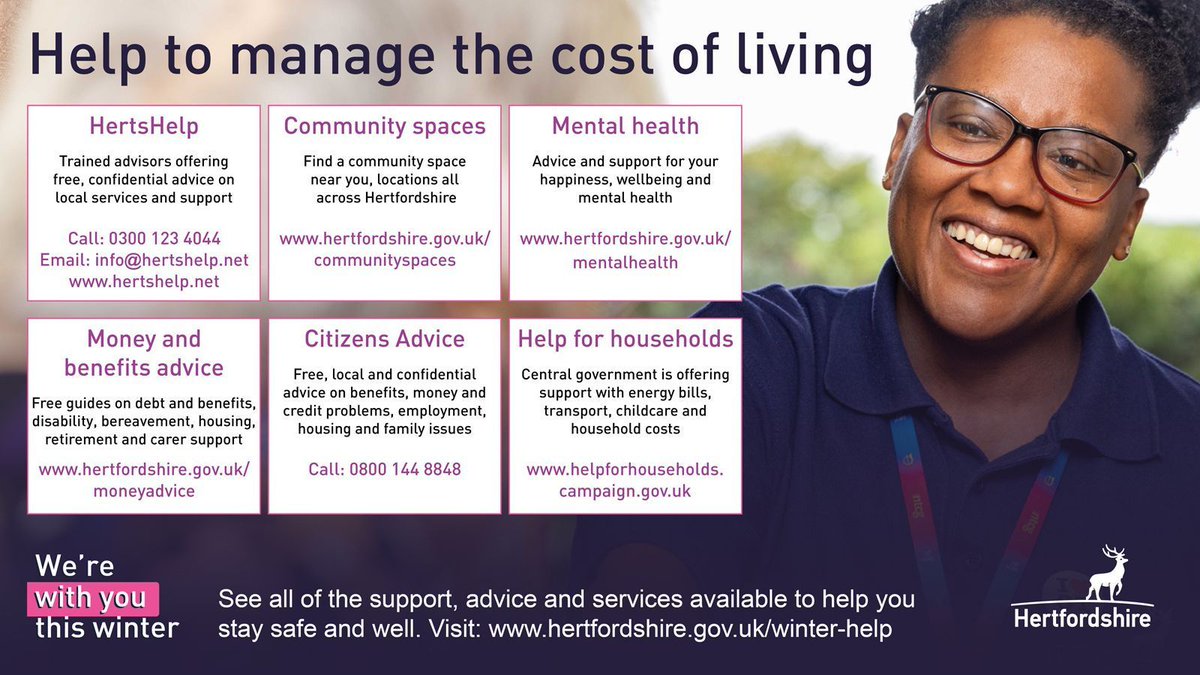 We're with you this winter, and so is <a href="/HertsCC/">Hertfordshire County Council</a> Visit the website for information, advice and guidance on services to help you manage the cost of living: buff.ly/47CJvjp