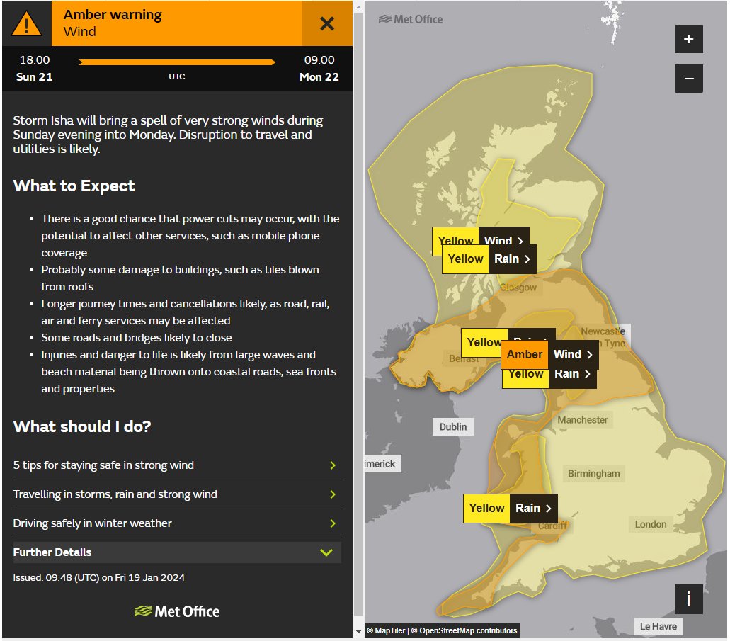 UKWX_'s tweet image. A bit late to tweeting, but we now have #StormIsha. Two amber warnings have been issued, one for Sunday into Monday, focusing across N and W and one for Monday, focusing across the far SE.

Within the warning areas, gusts are widely expected to reach 50-60mph. I would expect…