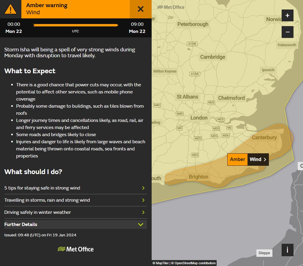 UKWX_'s tweet image. A bit late to tweeting, but we now have #StormIsha. Two amber warnings have been issued, one for Sunday into Monday, focusing across N and W and one for Monday, focusing across the far SE.

Within the warning areas, gusts are widely expected to reach 50-60mph. I would expect…