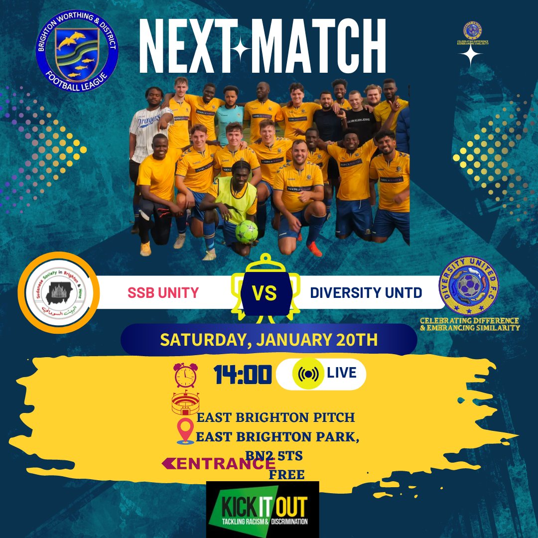 diversityunitedfc (@diversityuntdfc) on Twitter photo Let's go boys ⚡️💙💛
🆚️ Sudanese Team Unity
🕖2PM
🏟East Brighton Pitch 
📍BN2 5TS
#bwdfl💙⚽️
#diversitysoldiers💯🏆 
#diversityunitedfc⚽️💙💛 
#footballforeveryone❤️👏 
#mentalhealth💯🙌🏽❤️ Let's go boys ⚡️💙💛
🆚️ Sudanese Team Unity
🕖2PM
🏟East Brighton Pitch 
📍BN2 5TS
#bwdfl💙⚽️
#diversitysoldiers💯🏆 
#diversityunitedfc⚽️💙💛 
#footballforeveryone❤️👏 
#mentalhealth💯🙌🏽❤️