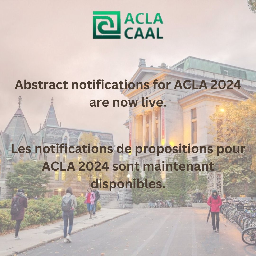 Check your inbox (or junk folder) for ACLA 2024 abstract notifications! 📬#ACLA2024 #ConferenceUpdates Consultez votre boîte de réception (ou le dossier indésirable) pour les notifications de propositions ACLA 2024! 📬 #ACLA2024 #MisesÀJourDeLaConférence