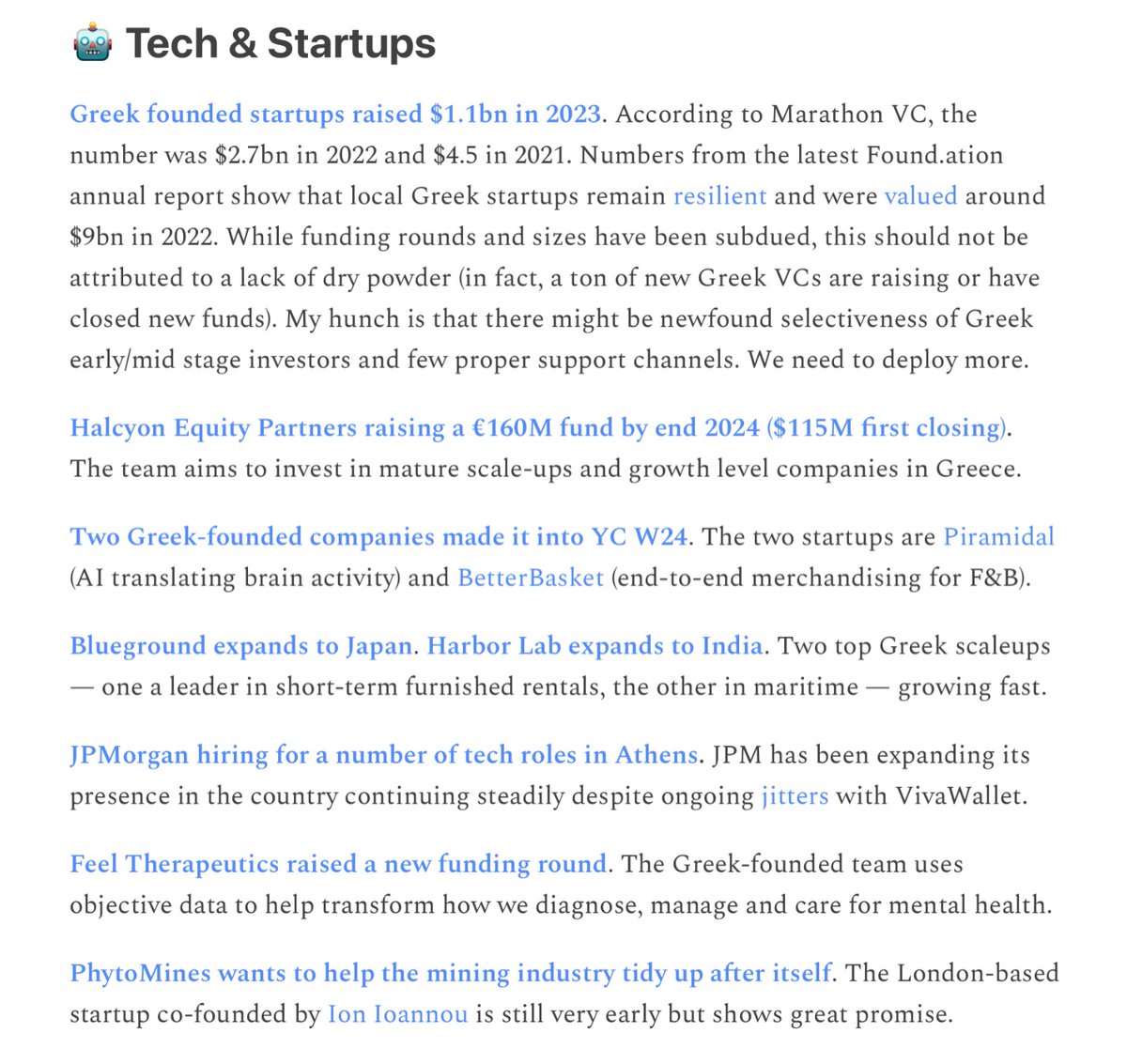 The Greek Analyst (@greekanalyst) on Twitter photo The Greek tech ecosystem keeps growing strong.
Stories from <a href="/marathon_vc/">Marathon Venture Capital</a>, <a href="/found_ationgr/">Found.ation</a>, Halcyon, Piramidal, BetterBasket, <a href="/theblueground/">Blueground</a>, Harbor Lab, <a href="/jpmorgan/">J.P. Morgan</a>, <a href="/Feeltherapeutic/">Feel Therapeutics</a> and <a href="/IonChemBio/">Ion Ioannou</a>. The Greek tech ecosystem keeps growing strong.
Stories from <a href="/marathon_vc/">Marathon Venture Capital</a>, <a href="/found_ationgr/">Found.ation</a>, Halcyon, Piramidal, BetterBasket, <a href="/theblueground/">Blueground</a>, Harbor Lab, <a href="/jpmorgan/">J.P. Morgan</a>, <a href="/Feeltherapeutic/">Feel Therapeutics</a> and <a href="/IonChemBio/">Ion Ioannou</a>.