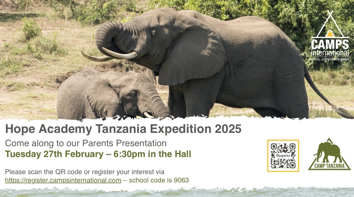 MissGreenHopeAP's tweet photo. If any Year 9 or 10 parents/carers want to know more about the Tanzania Expedition, please save the date below for a meeting in school. We have had lots of interest from students already which is wonderful. More information will follow after half term 🇹🇿🐘🌍 @Hope_Academy https://t.co/tmVd8gs8EY