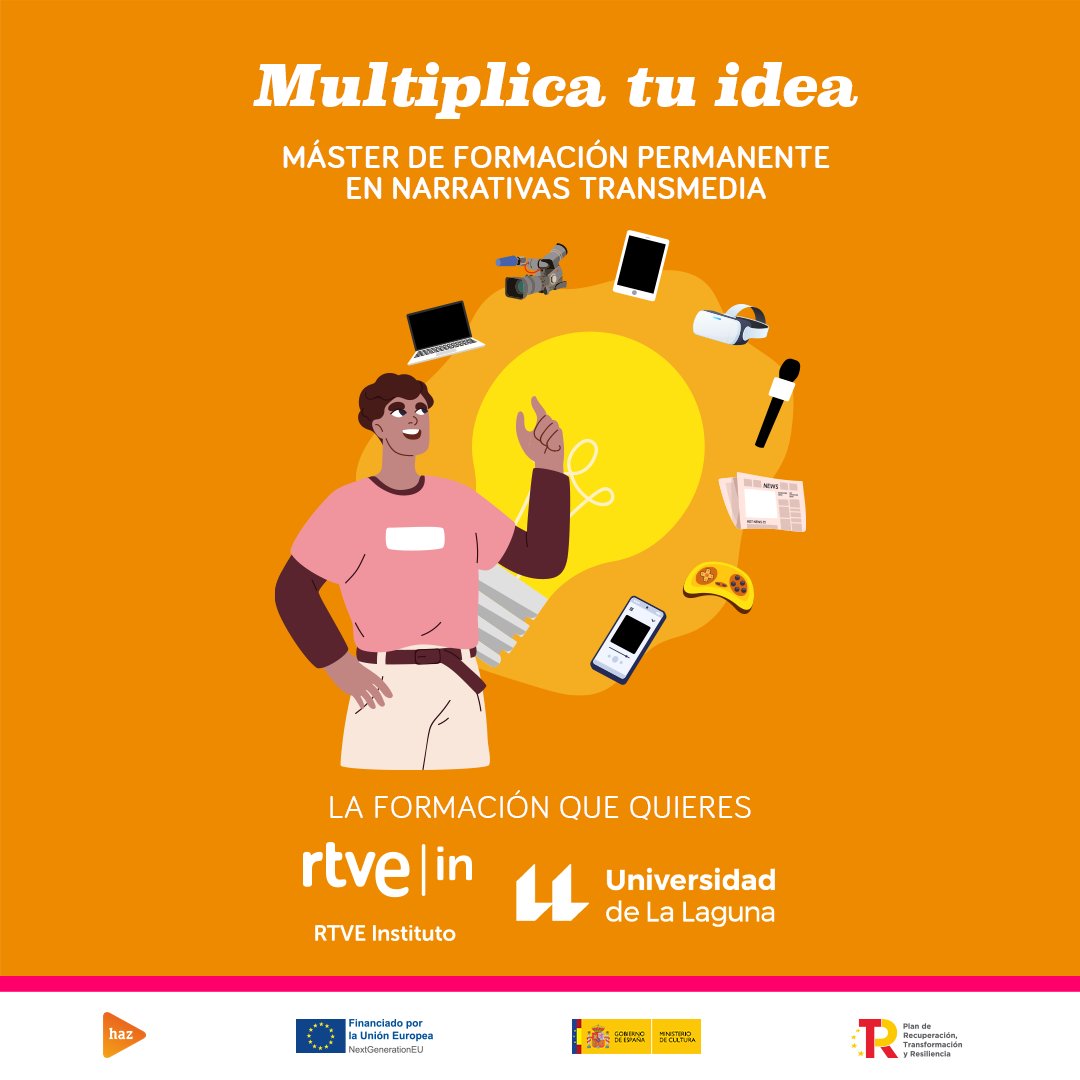 RTVE Instituto (@rtvein) on Twitter photo ¡Abierto el plazo de inscripción al Máster de Narrativas Transmedia de <a href="/RTVEin/">RTVE Instituto</a>, a través de Haz, y la <a href="/ULL/">Universidad de La Laguna</a> ! 🎬
✅Toda la información en: haz.institutortve.com/catalog/course…
¡Explota tu creatividad y diseña experiencias únicas en entornos multiplataforma!
#Haz #Formación #Máster ¡Abierto el plazo de inscripción al Máster de Narrativas Transmedia de <a href="/RTVEin/">RTVE Instituto</a>, a través de Haz, y la <a href="/ULL/">Universidad de La Laguna</a> ! 🎬
✅Toda la información en: haz.institutortve.com/catalog/course…
¡Explota tu creatividad y diseña experiencias únicas en entornos multiplataforma!
#Haz #Formación #Máster