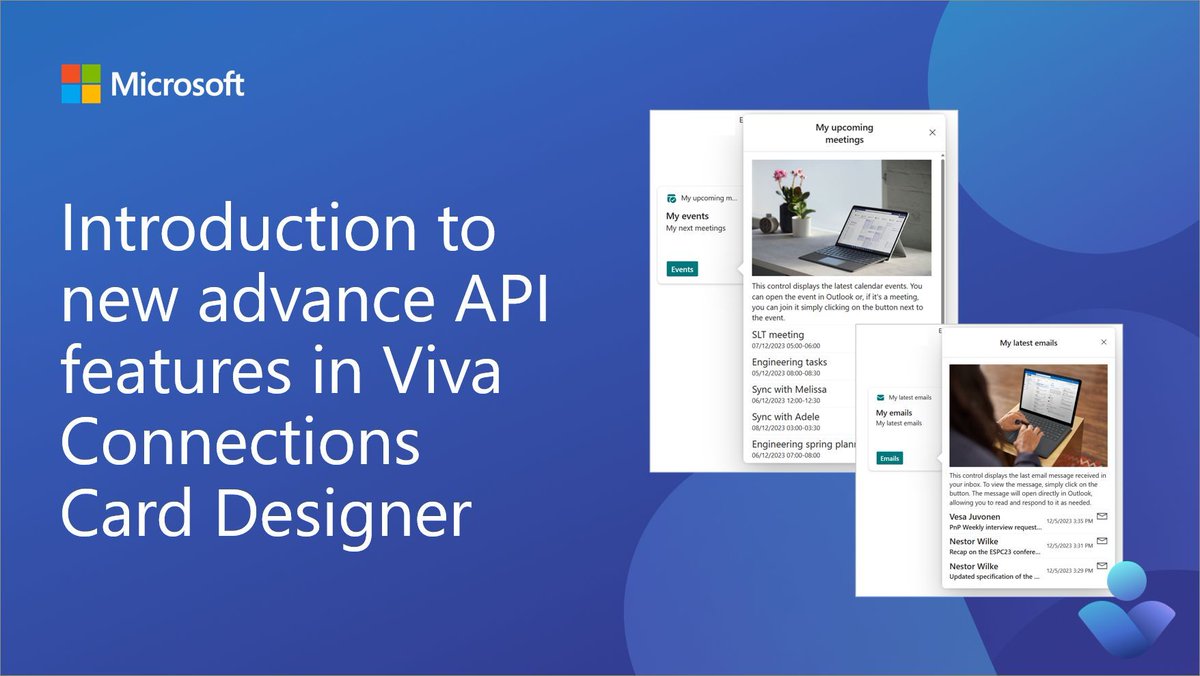 ⚙️New advanced API features in Viva Connections Card Designer

Build API powered cards without SPFx code 🤩

🔗Details: techcommunity.microsoft.com/t5/viva-connec… #Microsoft365 #VivaConnections #AdaptiveCards