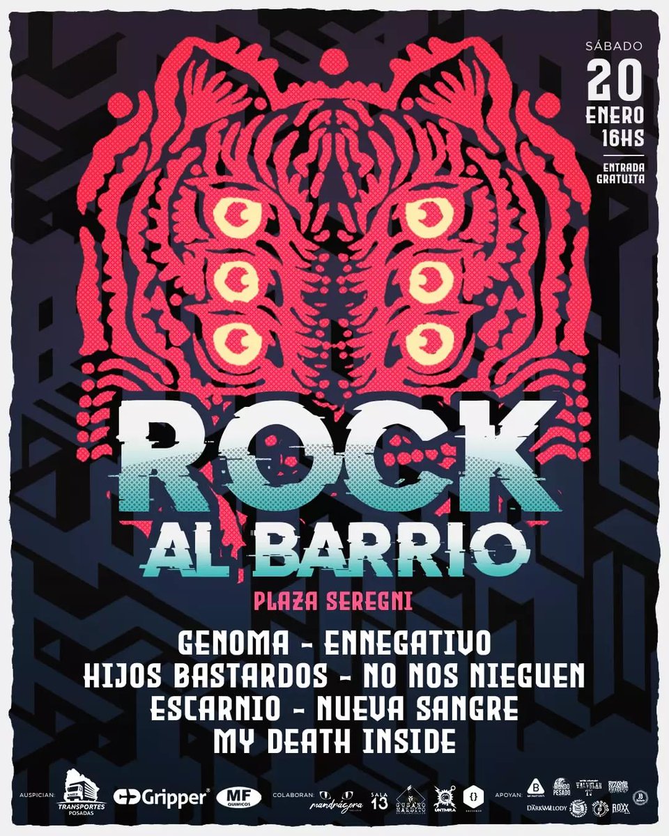 ESTE SÁBADO 20 DE ENERO HAY ROCK AL BARRIO.
Desde las 16hs. en la Plaza Seregni con entrada gratuita.

Las bandas que forman parte de esta edición son Genoma, Ennegativo, Hijos Bastardos, No Nos Nieguen, Escarnio, Nueva Sangre y My Death Inside.

Recordá compartir.