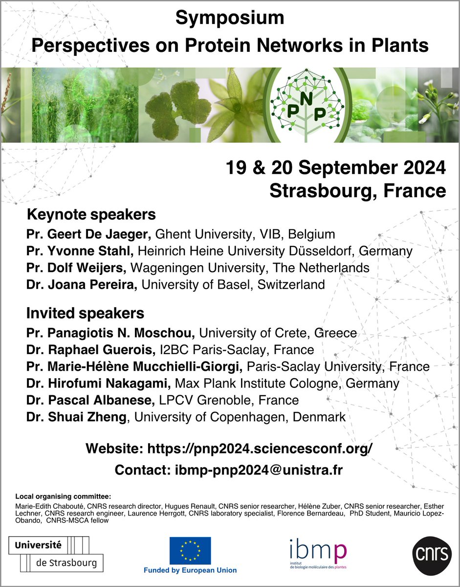 [Please repost] 📣Save the date! 
We are organising the international symposium "Perspectives on Protein Networks in Plants" in Strasbourg, 19-20 September 2024.
Anticipate outstanding speakers and a great location!
More details here 👇
