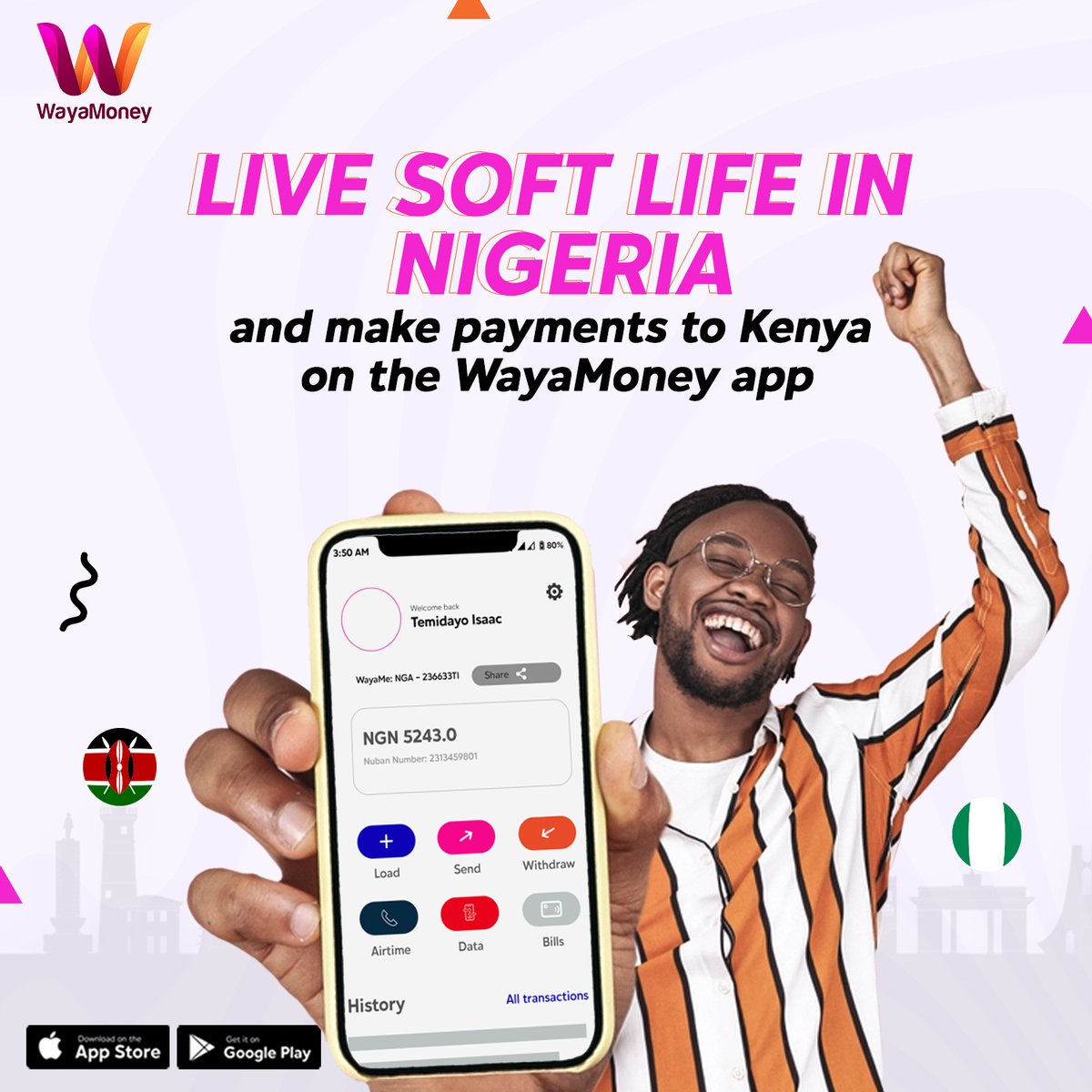 Living the good life in Naija 🇳🇬?  Make payments to your loved ones in Kenya 🇰🇪?  Do it with ease on the WayaMoney app!  ✨

Download the app today and start living the #softlife, the global way!

#WayaMoney #sendmoneytonigeria #sendmoneytokenya