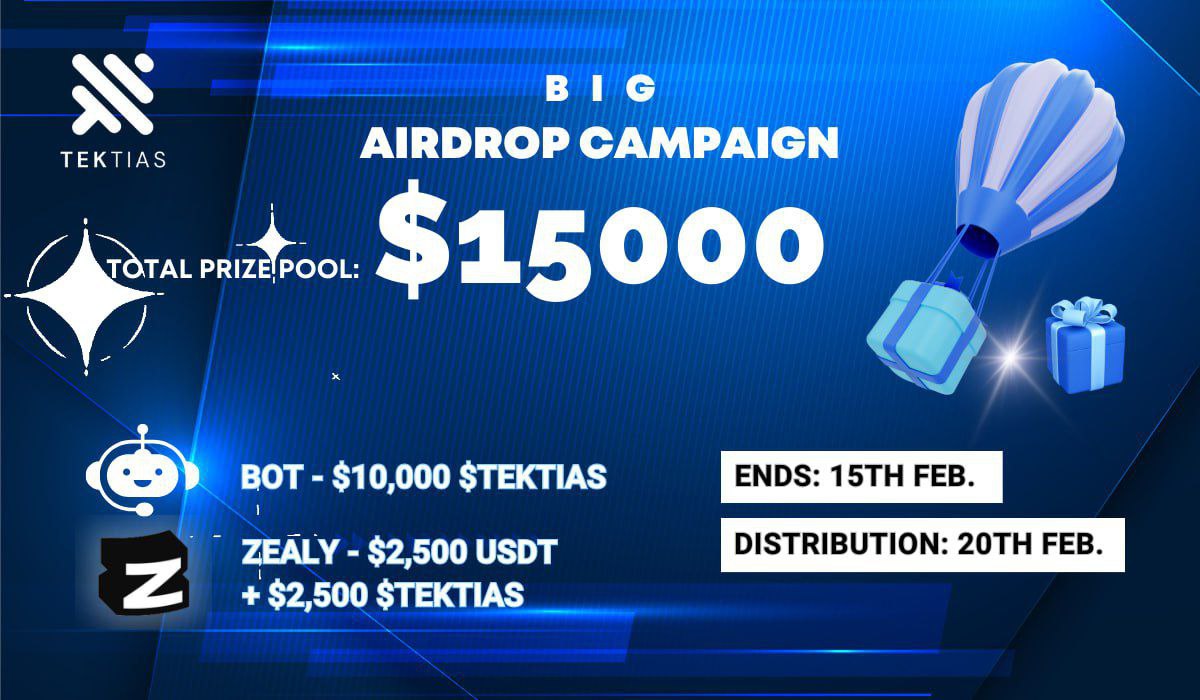 TEKTIAS Airdrop Is Live!  

Participate in our #Airdrop and earn 7 TEKTIAS (~$15) tokens

Airdrop:
t.me/TektiasAirdrop…

Airdrop rewards will be distributed to your wallet address on February 20th and 1000 lucky random (1000 winners in total) participants will be rewarded.