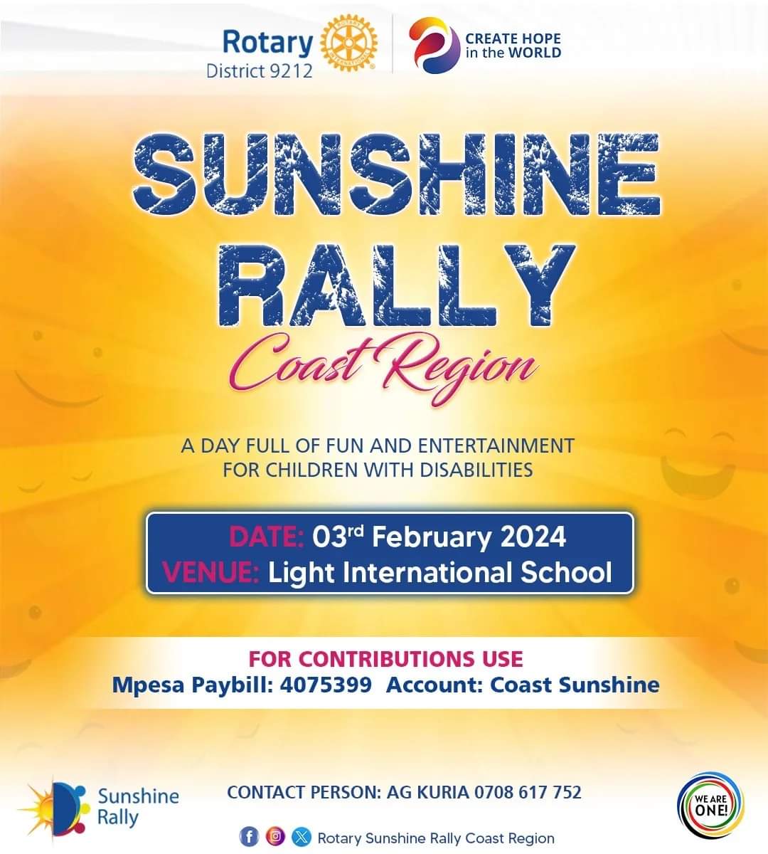 CoastRally's tweet photo. THE 42ND ROTARY SUNSHINE RALLY IS HERE!!!

_(... and its happening in the Coast Region for the 1st time🥳🎊)_

Join us at Light International School on 3rd February 2024 as we happily serve children with disabilities from different Schools and Institutions in Mombasa Region. https://t.co/arTOuBPBS7