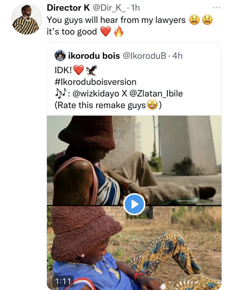 Popular Nigeria music video director AREMU OLAIWOLA QUDUS known as Director K, Appreciate the glamorous recreation of @Wizkid X @Zlatan_Ibile   #IDK official video by the @IkoroduB #ikoroduboisversion. 
That's Encouraging and Talent developing for the Nigeria Video Music Industry