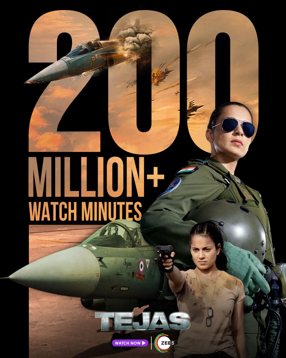 Steering Mission Tejas towards your hearts! 🫶 200 M+ watch minutes and counting! 💥 #Tejas streaming now, only on #ZEE5. #TejasOnZEE5