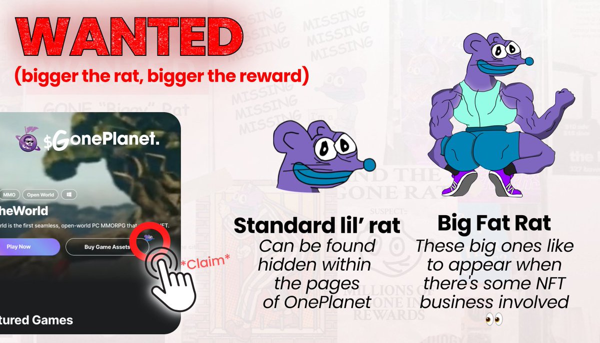 OnePlanet_io's tweet photo. 🚨 CATCH THEM ALL...BIG OR SMALL

The $GONE Rat Hunt is well under way! Keep up the search! 🔥

▸ Find the lil' Rats hidden in plain sight on the platform
▸ The Fat Rats can't seem to stay away from a good old NFT sale...

🐀 BRB $GONE Hunting: https://t.co/IhnAQfA7xj https://t.co/vvw2xXD65K