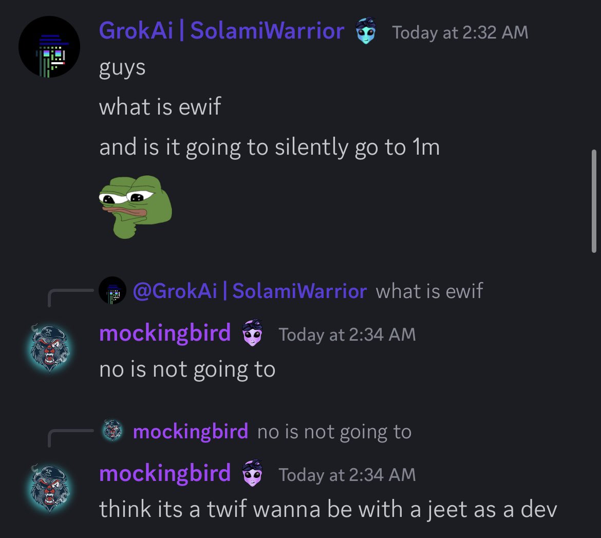 Goldenboy1017's tweet photo. It’s 2:30am, I’m barely awake in bed, I have to be up for work in 3 hours, I see @Kingmucci_eth ask about ewif at 15k marketcap, mockingbird counterattacks with FUD, This is my buy signal, I ape and set my alarms and I hit my slumber just to wake up to a nice payday🦍🤭 https://t.co/uiELKn7j7N
