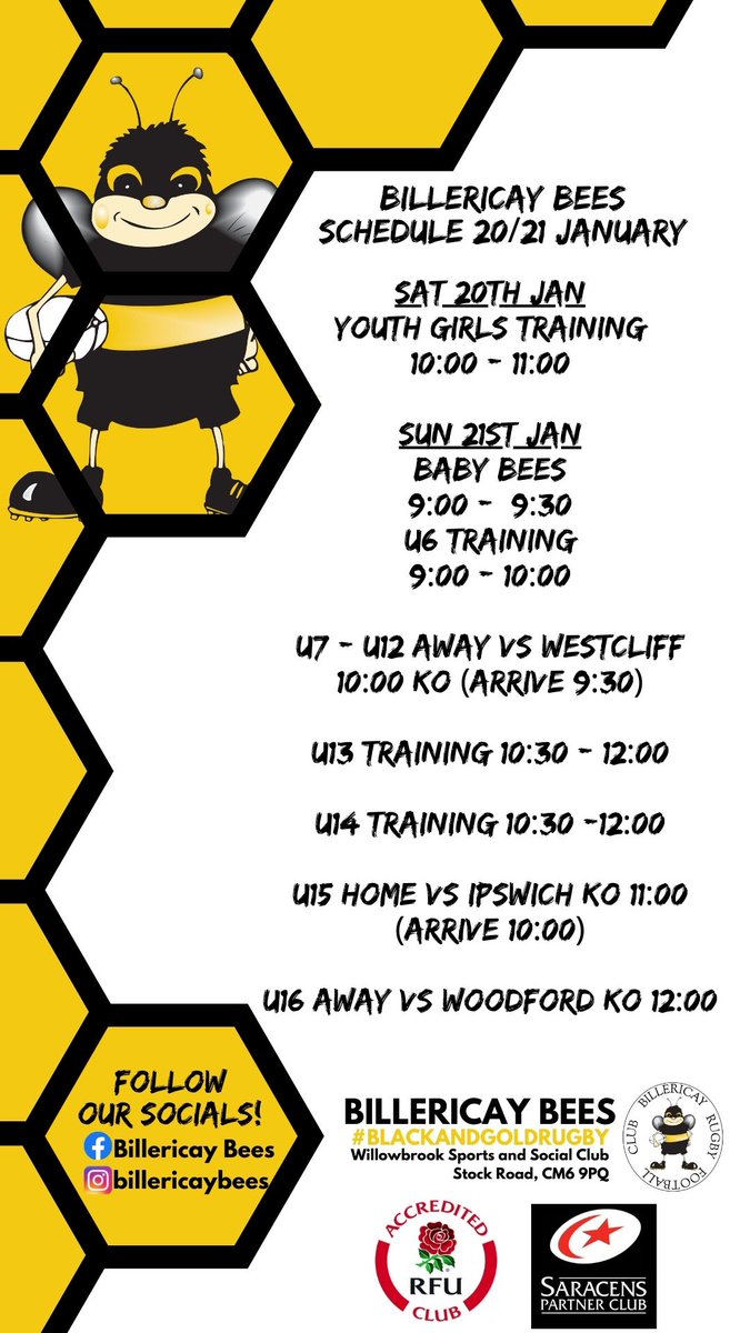 BILLERICAY BEES SCHEDULE 20/21 JANUARY

ALL RUGBY SUBJECT TO CONFIRMATION AND PITCH INSPECTIONS