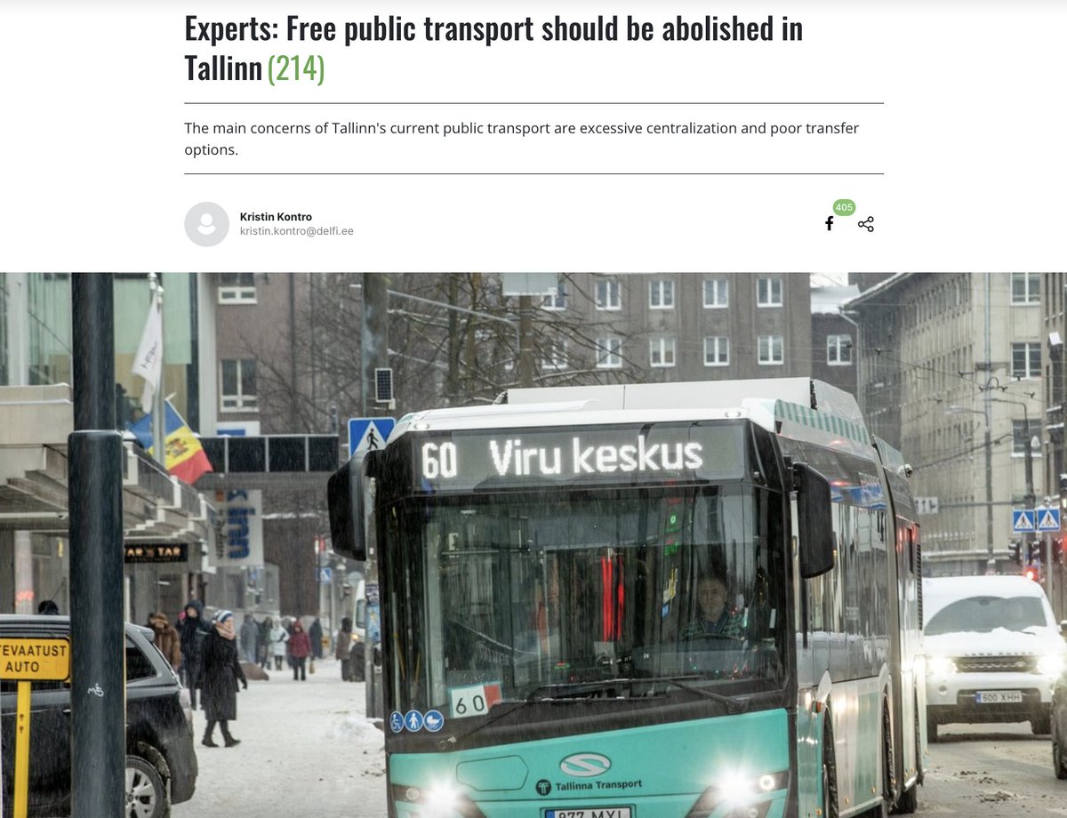 For a decade, residents of Tallinn, Estonia have had fare-free transit. A new report recommends ending that policy, arguing that funding from fares would allow transit service to dramatically improve -- and thus attract more riders. roheportaal.delfi.ee/artikkel/12026…