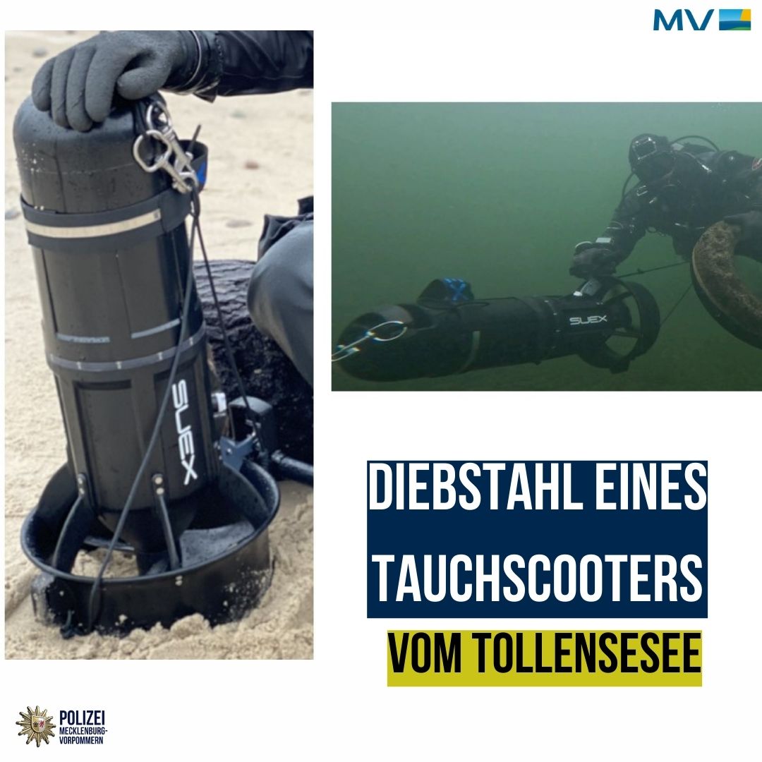 +++ Diebstahl eines hochwertigen Tauchscooters am Tollensesee +++ Am 17.01.24 zw. 11-12Uhr wurde ein SUEX VRX Tauchscooter vom Badestrand am Spielplatz in der Nähe des Badehauses entwendet. Das 20kg schwere Gerät lag im flachen Wasser. Wer kann Hinweise geben? ☎0395-5582 5224