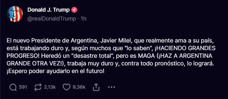 ElTrumpista's tweet photo. 🚨 TRUMP lanza un contundente apoyo a Milei en Truth.

"El presidente Milei ama su país, esta trabajando duro, y haciendo grandes progresos. Heredó un desastre total, pero es MAGA, trabaja muy duro y lo logrará. Espero poder ayudarlo en el futuro"

🇦🇷🤝🇺🇸 https://t.co/EBosyJ35JP