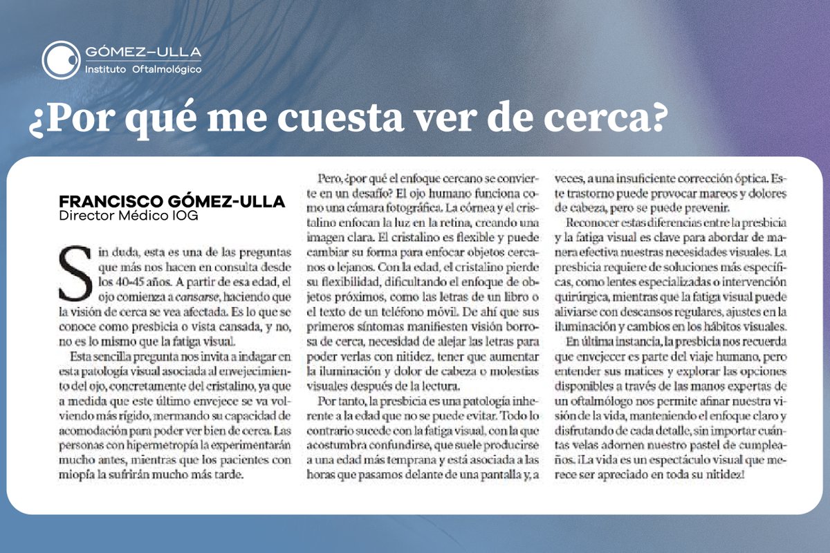 👁️👉🏼Francisco Gómez-Ulla, director médico del IOG, publica hoy en <a href="/lavozdegalicia/">La Voz de Galicia</a>  un nuevo artículo de opinión en el que aborda las causas de la pérdida de calidad visual asociada a la edad.
📍 Artículo completo en nuestra web, institutogomez-ulla.es/actualidad/