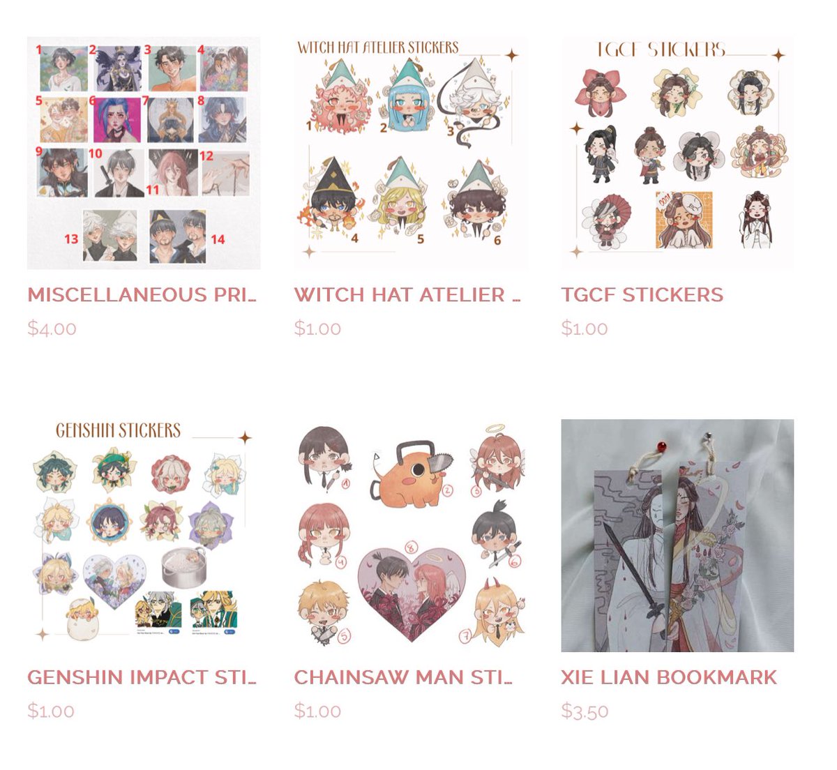 🌱SH0P IS NOW OPEN 🌱

[RTs appreciated] my sh0p is open again, with old and new stuff, including my bungou stray dogs pins! 
you will find tgcf, genshin (esp haikaveh), bsd, akayona, csm and other media, feel free to take a look!

it will close on February 10th!💜