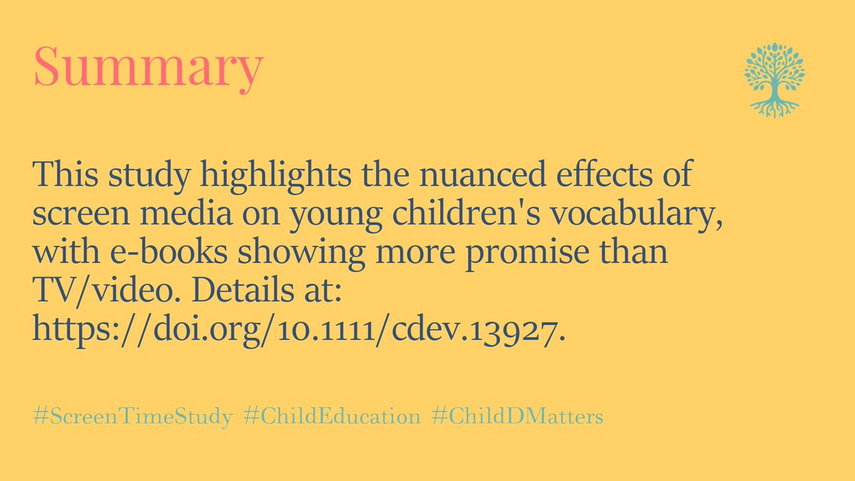 ChildDMatters's tweet image. This study highlights the nuanced effects of screen media on young children&apos;s vocabulary, with e-books showing more promise than TV/video. Details at: doi.org/10.1111/cdev.1…. #ScreenTimeStudy #ChildEducation #ChildDMatters 4/5