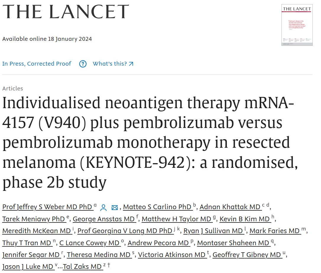 Jason Luke, MD, FACP (@jasonlukemd) on Twitter photo Adjuvant #melanoma phase 2 of pembro +/- individualized neoantigen therapy (mRNA-4157/V940; KEYNOTE-942) <a href="/TheLancet/">The Lancet</a>! Excited to be part of this trial & helping to lead on-going Ph3 (NCT05933577). Just might be the next big thing for cancer in general...
sciencedirect.com/science/articl… Adjuvant #melanoma phase 2 of pembro +/- individualized neoantigen therapy (mRNA-4157/V940; KEYNOTE-942) <a href="/TheLancet/">The Lancet</a>! Excited to be part of this trial & helping to lead on-going Ph3 (NCT05933577). Just might be the next big thing for cancer in general...
sciencedirect.com/science/articl…