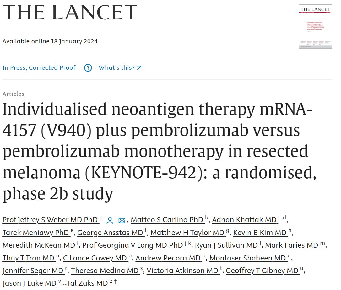 Adjuvant #melanoma phase 2 of pembro +/- individualized neoantigen therapy (mRNA-4157/V940; KEYNOTE-942) @TheLancet! Excited to be part of this trial & helping to lead on-going Ph3 (NCT05933577). Just might be the next big thing for cancer in general... sciencedirect.com/science/articl…