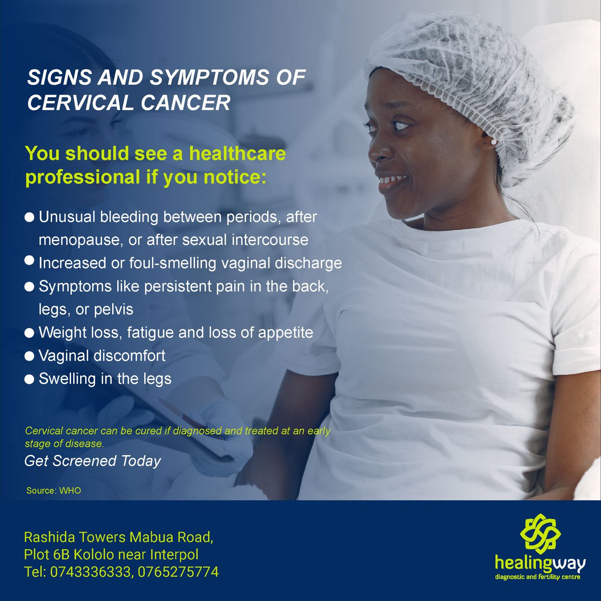 Prioritize your health! Recognizing the signs of cervical cancer is crucial. From irregular bleeding to pelvic pain, don't ignore the whispers of your body. Early detection saves lives. #Healingway #CervicalCancerAwareness #ListenToYourBody #ScreeningSavesLives'